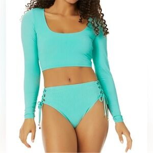 Celebrity Pink Juniors Aqua Ribbed Crop Rashguard Long Sleeve + Bikini Bottoms